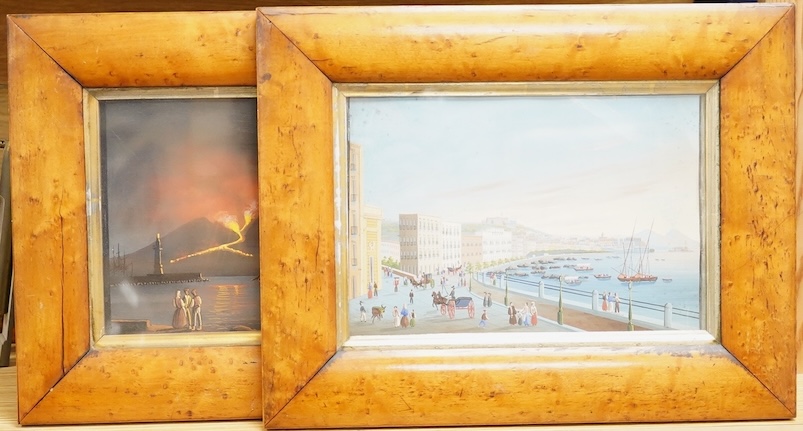 Neapolitan School, Mount Vesuvius erupting and a coastal promenade, pair of naive gouaches, maple framed, 15 x 22cm